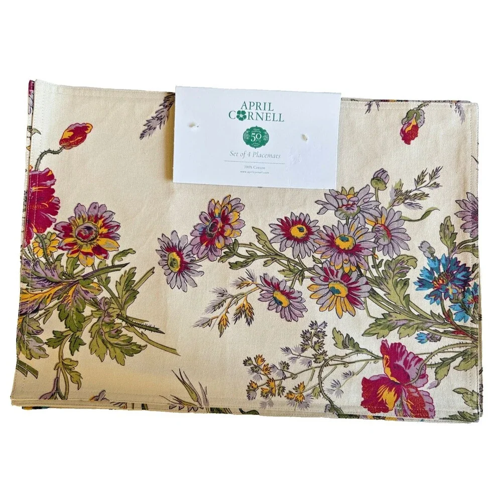 April Cornell Placemats Wildflower Beige Set of 4 100% Cotton 14x19 Thanksgiving